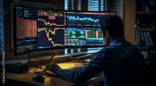 A young man in a suit is working on a table and looking at investment graphs, playing stocks, watching graphs on a computer screen. Generative AI.