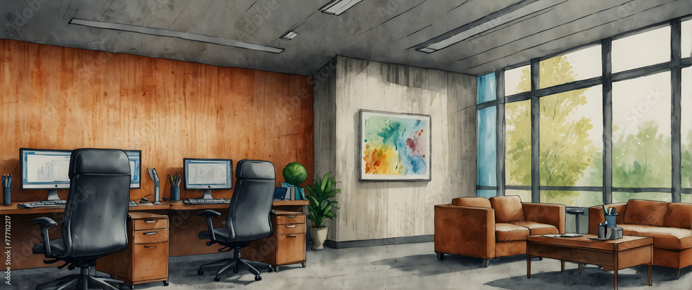 for advertisement and banner as Corporate Canvas A corporate office scene that reflects ambition and drive in watercolor. in watercolor office room theme ,Full depth of field, high quality ,include co