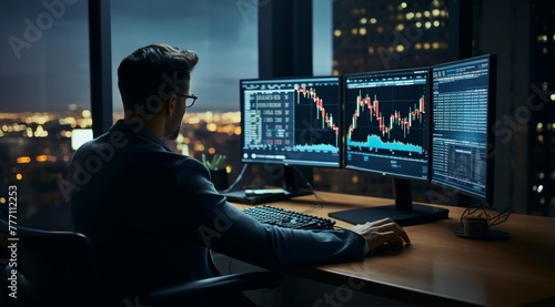 A young man in a suit is working on a table and looking at investment graphs, playing stocks, watching graphs on a computer screen. Generative AI. © Surachetsh