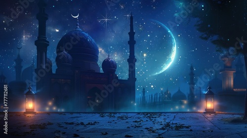Serene Eid night with mosques bathed in lantern light and a crescent moon amidst starry sky