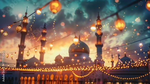 Eid al-Fitr fantasy scene with lantern-strung mosques and moonlit sky infused with warm bokeh lights