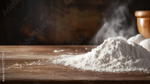 Flour on a wooden board. cooking kitchen background сreated with Generative Ai