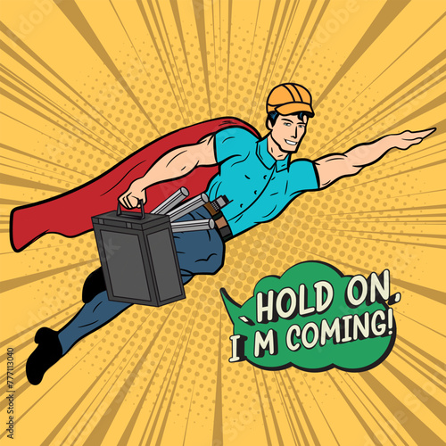Construction engineer super hero Pop Art Comic Stock vector Illustration