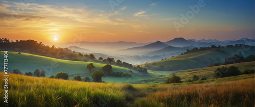 for advertisement and banner as Dawn Early Light Highlight the serene beauty of landscapes at sunrise. in Fresh Landscape theme ,Full depth of field, high quality ,include copy space on left, No noise