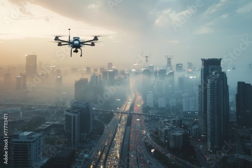 A cityscape featuring futuristic architecture with a large flying object hovering in the sky among autonomous drones and robots photo