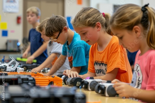 A group of young students engaged in hands-on learning activities with robotics kits