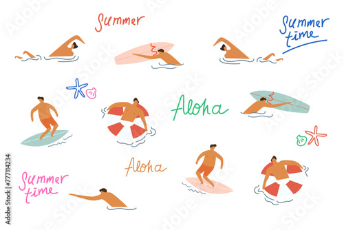 Summertime vector illustration, aloha illustration, flat people character, people relaxing and swimming together in the sea, summer swim hobbies 