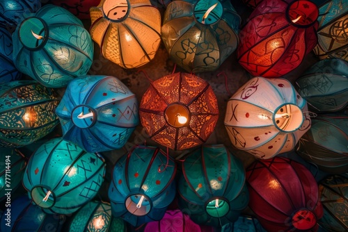 Collection of lit Ramadan lanterns creating a vibrant display of light and color  showcasing a festive atmosphere