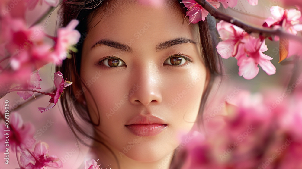 face of a beautiful Asian woman with pink cherry blossoms face of a beautiful Asian woman with pink cherry blossoms