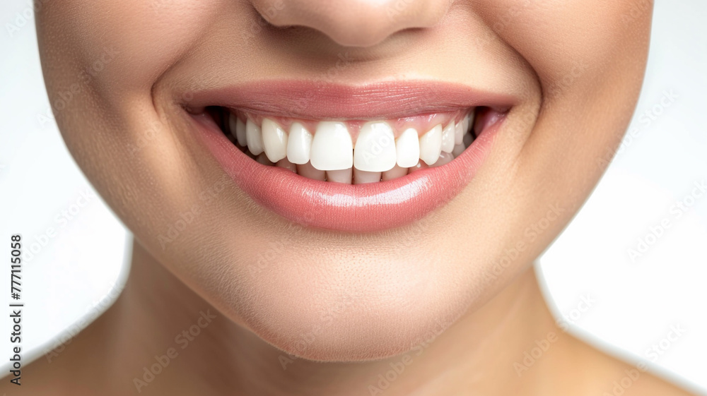 Obraz premium Woman with clean teeth smiling white background