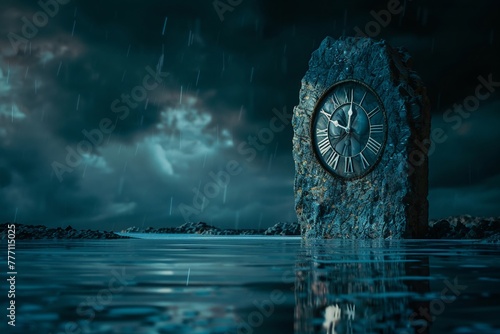 Reflection in a digital ocean, ancient stone clock facing an emerging digital evil, stark contrast, night, closeup, eerie