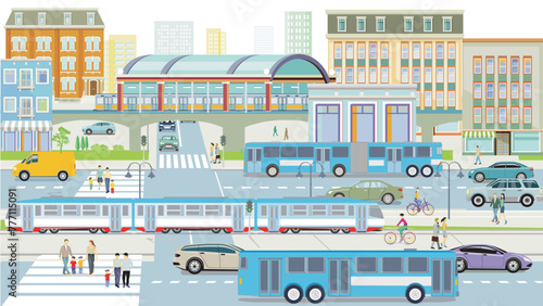 Stadtsilhouette einer Stadt mit  öffentlicher Verkehr und Menschen,  illustration