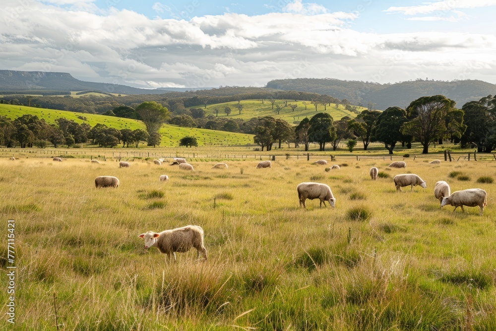 A herd of sheep stands on top of a lush green field, grazing and enjoying the fresh grass