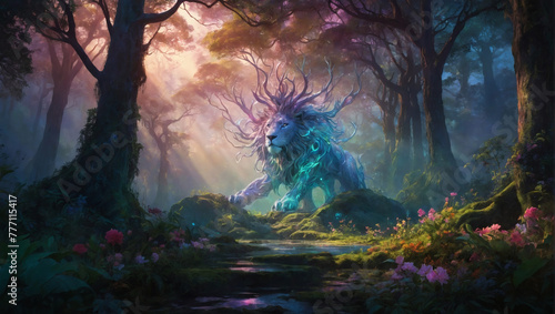 Bathed in ethereal light  the majestic luminescent giant stands tall and graceful amidst a mystical forest.