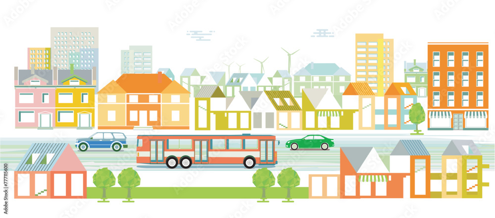 Stadtsilhouette einer Stadt mit Verkehr illustration