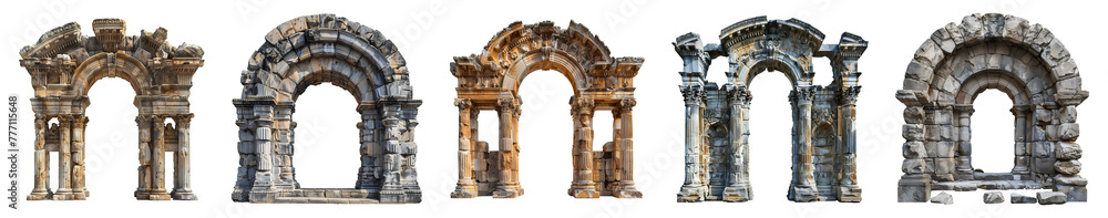 Fototapeta premium Ancient roman arch set PNG. Ancient Greek arch of triumph PNG. Ancient Greek architecture including he Doric order, the Ionic order, and the Corinthian order PNG