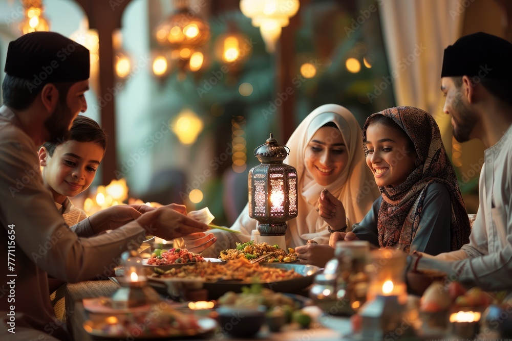Candid moment of a family or friends gathering around a table with food