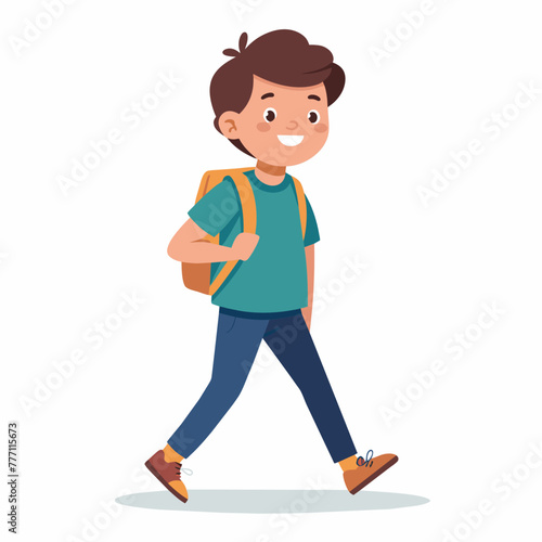 Illustrate a young student eagerly walking to school with a backpack slung over their shoulder against a clean white backdrop