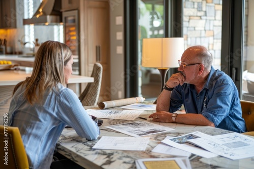 A man and a woman sit at a table, discussing renovation plans for a home in a professional interior design consultation setting