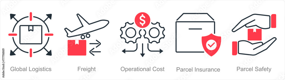 A set of 5 Logistics icons as green logistics, freight, operational cost A set of 5 Logistics icons as green logistics, freight, operational cost