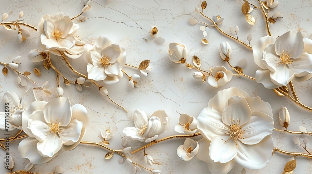 3d wallpaper with golden and white flowers, white background 3d wallpaper with golden and white flowers, white background