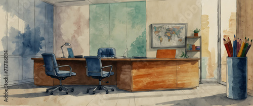 for advertisement and banner as Executive Essence The executive office essence rendered in watercolor elegance. in watercolor office room theme ,Full depth of field, high quality ,include copy space o