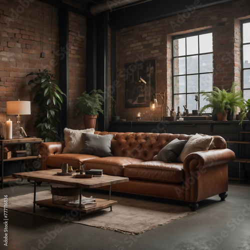 Industrieller Chic: Chesterfield-Sofa im Loft mit historischer Backsteinwand © KraPhoto