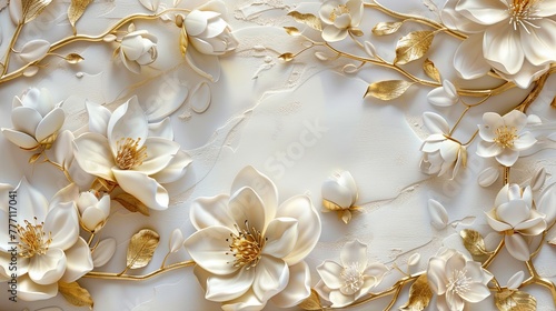 3d wallpaper with golden and white flowers, white background © EnelEva