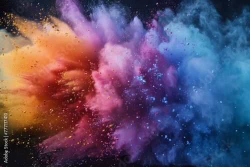 Vibrant explosion of colorful powder on black background, creating a dynamic and energetic scene © Ilia Nesolenyi