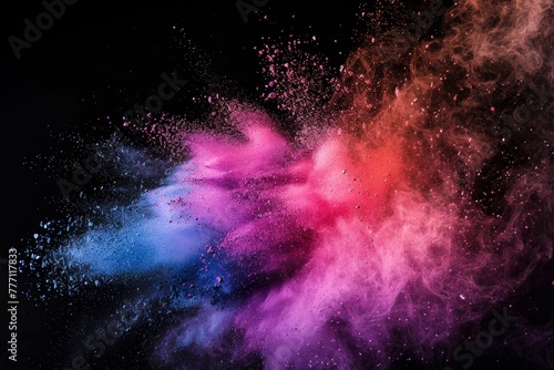 Bright, colorful powder exploding against a black backdrop, creating a striking contrast in an energetic burst of colors