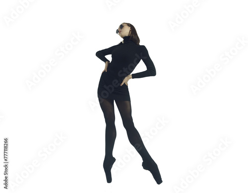 a young ballerina in a black dress and sunglasses total black demonstrates choreography on pointe shoes, isolated on transparent background, png