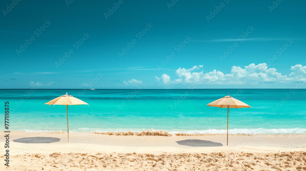 Two beach umbrella stands on the sandy beach under a clear blue sky. Summertime background.