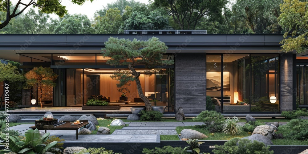 A modern villa with dark stone facade and large windows, surrounded by green trees