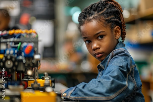 A young African American girl is actively working on a machine inside a factory as part of a STEM education program