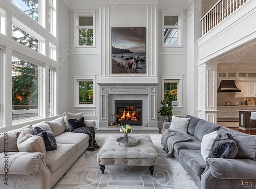 Beautiful living room in a luxury home with a fireplace, large grey couches and white walls photo