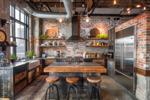 Urban loft style kitchen with exposed brick walls and generous counter space