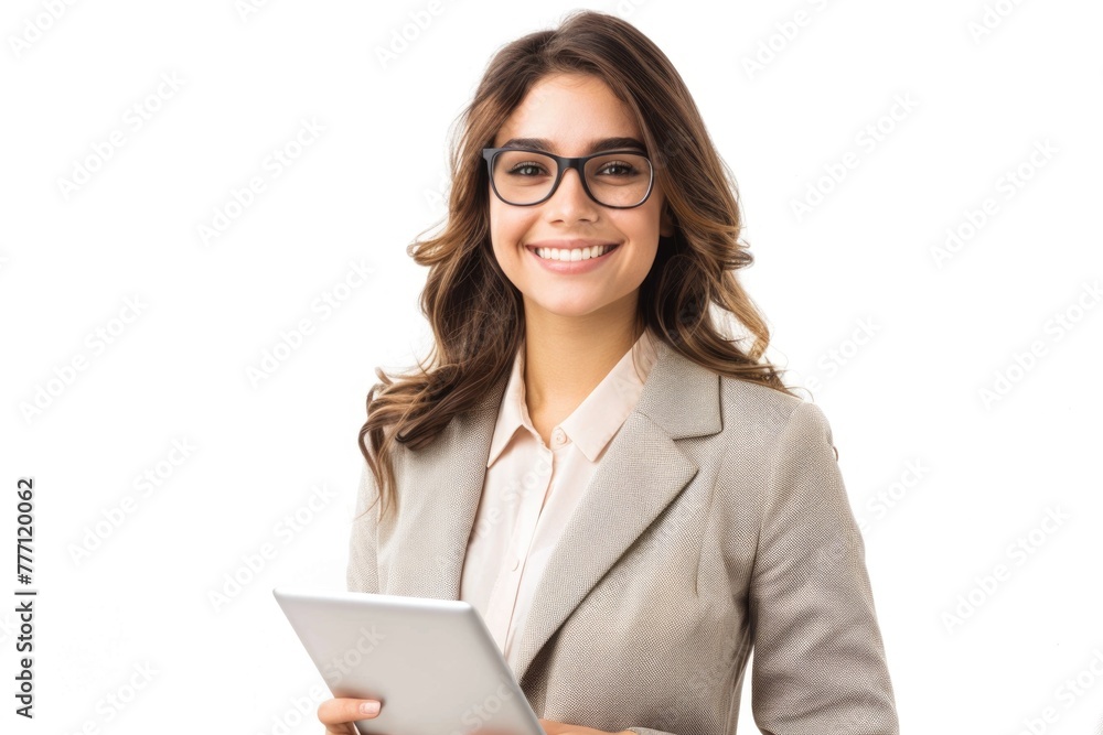 Smiling business woman with tablet computer. Isolated over white background Smiling business woman with tablet computer. Isolated over white background