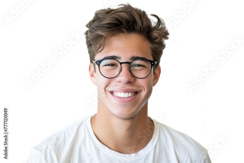 Young man with glasses smiling isolated on white background