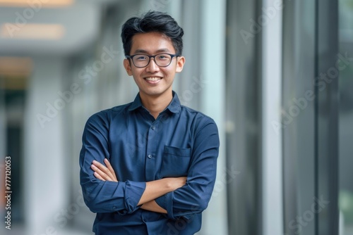 Free Download Asian man in engineering job attire smiling with folded hands. - GFXLoad
