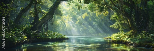 Serene Wilderness A Journey Through the Lush Forests and Tranquil Waterways Generative AI