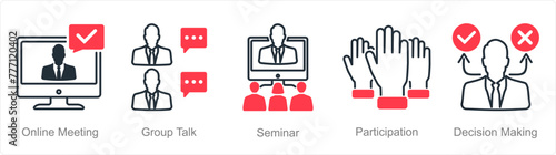 A set of 5 Meeting icons as online meeting, group talk, seminar