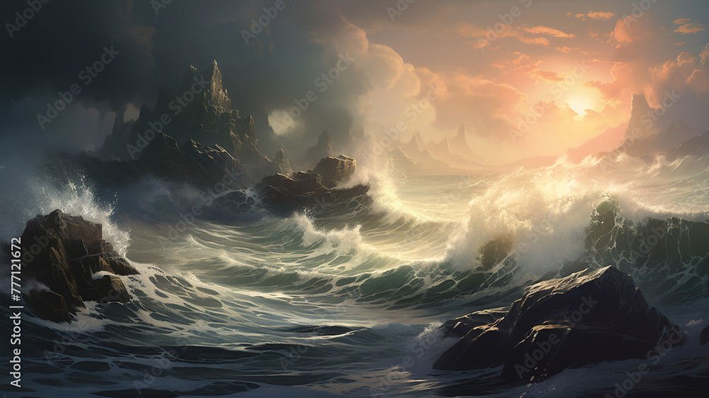 An otherworldly seascape with jagged cliffs and crashing waves.