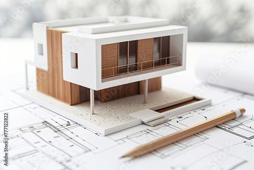 An architectural model of a modern house sits atop design blueprints, with an ink pen and pencil next to it