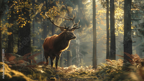 Awe-inspiring ultra 4k, 8k photo of a majestic stag standing proudly amidst a forest clearing, its antlers towering above the surrounding foliage, captured with unparalleled realism by an HD camera. © CREATER CENTER