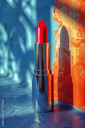 lipstick red color on a white and blue clear background exploding with orange pastel and pink color on a sunny warm light photo