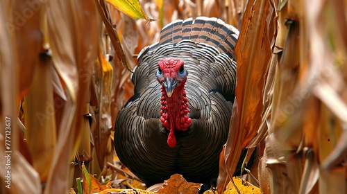 Majestic turkey posing in cornfield after harvest, proudly strutting among the harvested crops