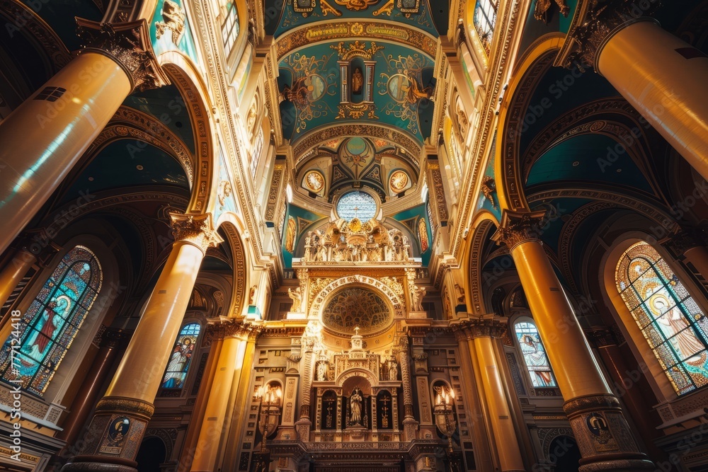 Majestic Church Interior with Elaborate Golden Altar and Stained Glass