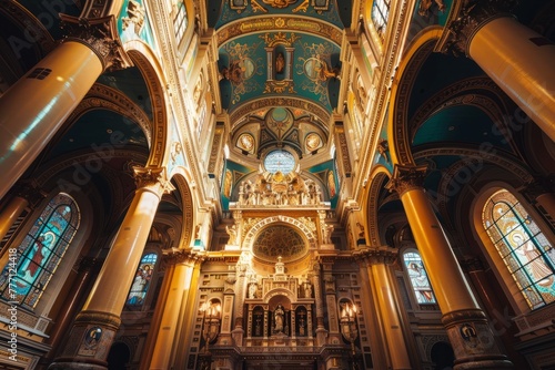 Majestic Church Interior with Elaborate Golden Altar and Stained Glass