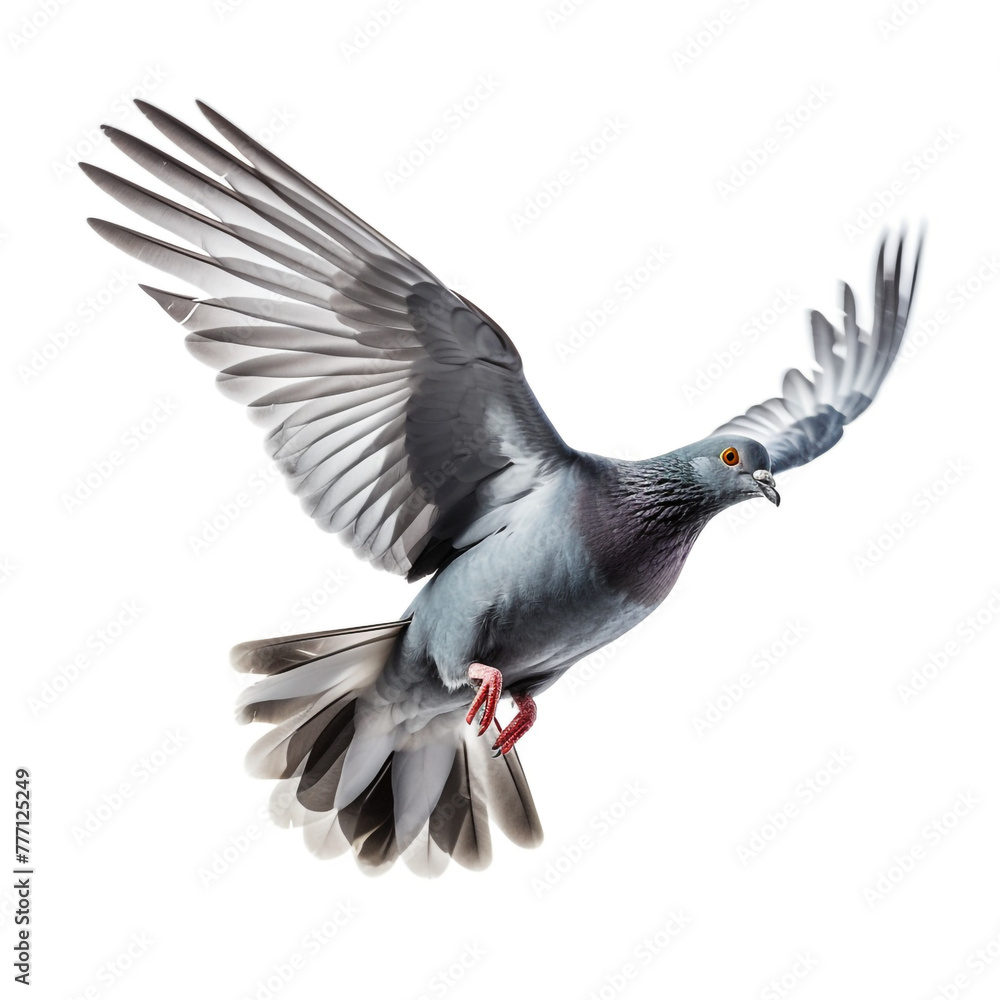 Fototapeta premium Grey pigeon on flight isolated on white background сreated with Generative Ai