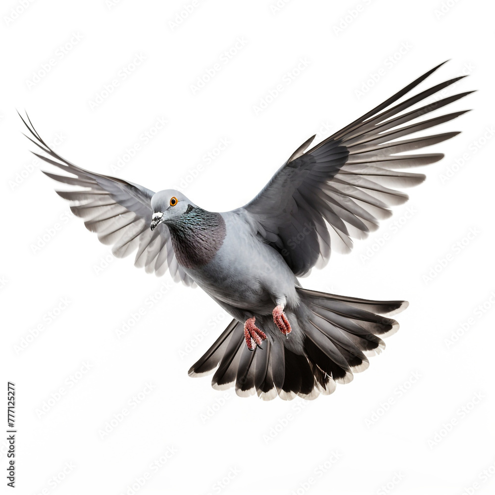 Fototapeta premium Grey pigeon on flight isolated on white background сreated with Generative Ai